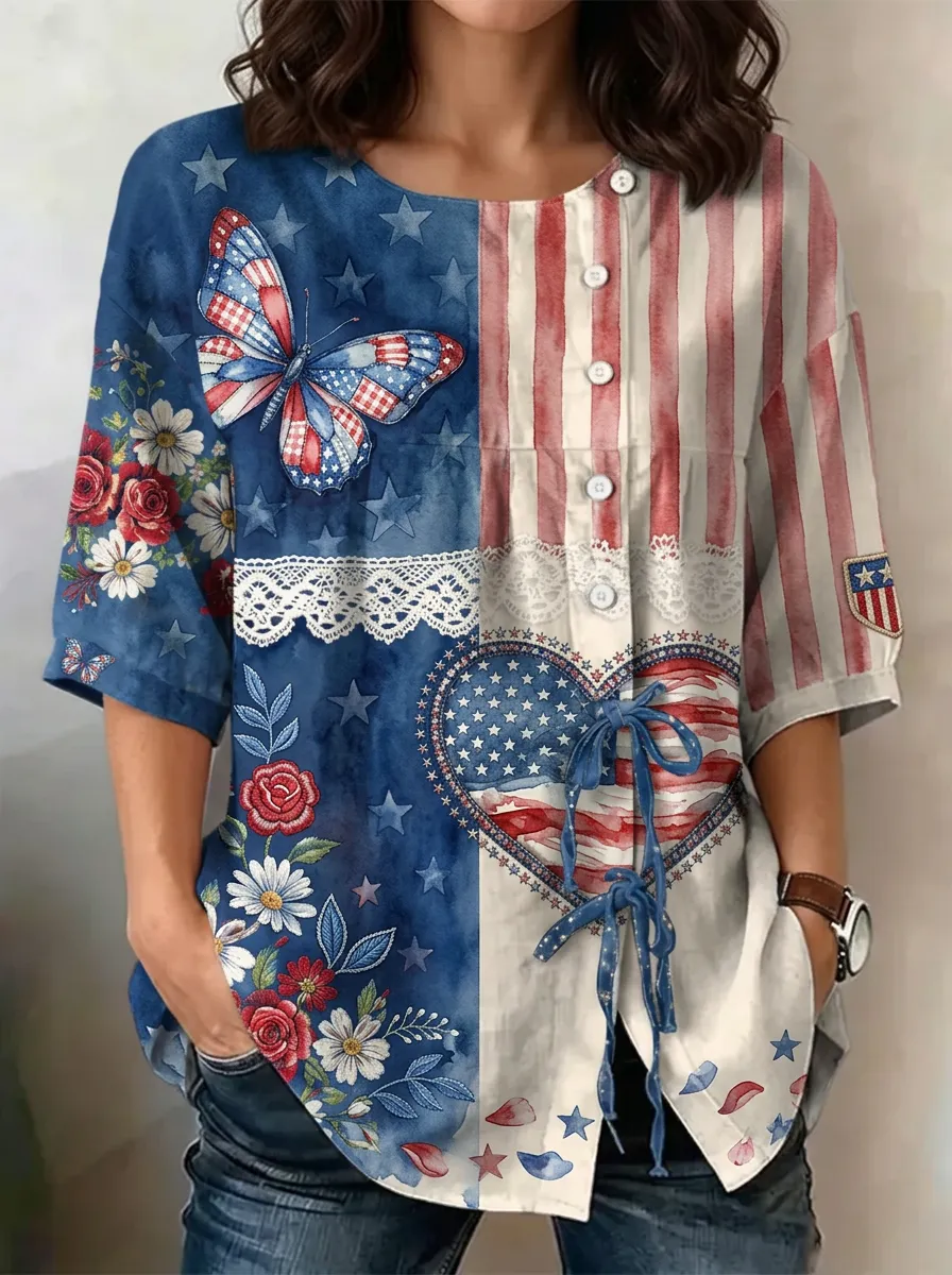 Women's USA Patriotic Butterfly Floral Heart Printed Button-up Top