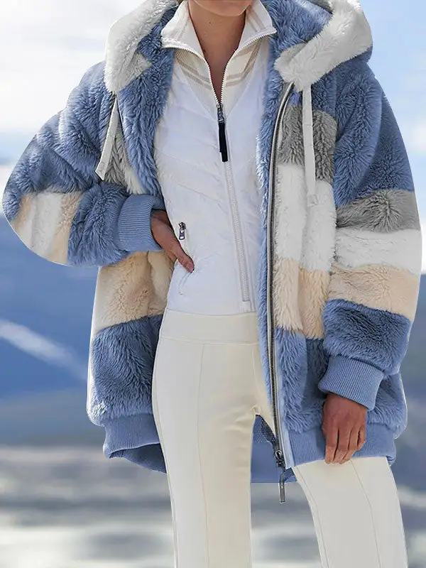 Loose Plush Multicolor Hooded Coat