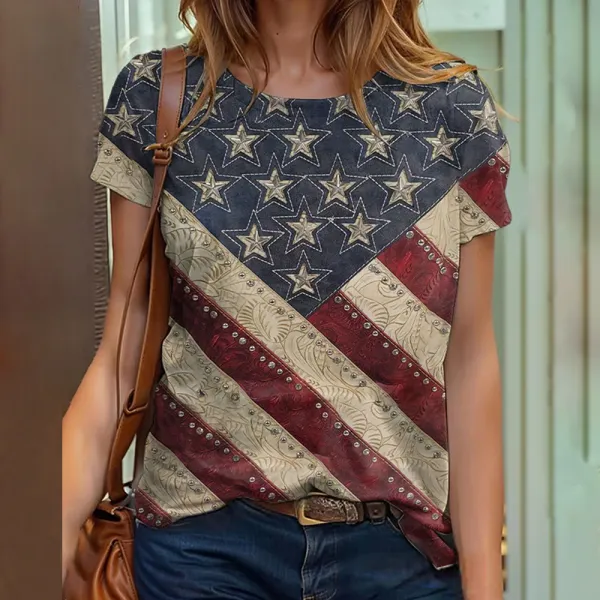 Women's Independence Day Flag Denim Blue Print T-shirt