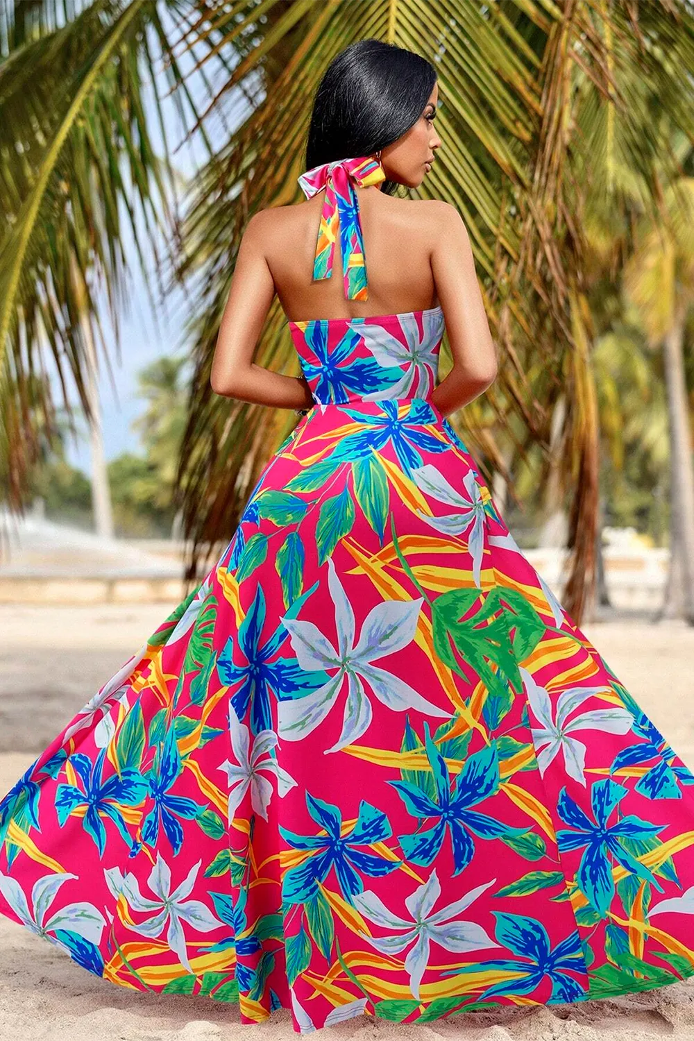 High Slit Halter Neck Backless Maxi Dress For Vacation