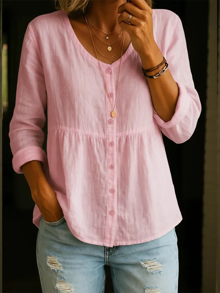 Women's Linen Cotton Blend Shirt - 3/4Sleeve Crew Neck Loose Hip-Length CasualBlouse