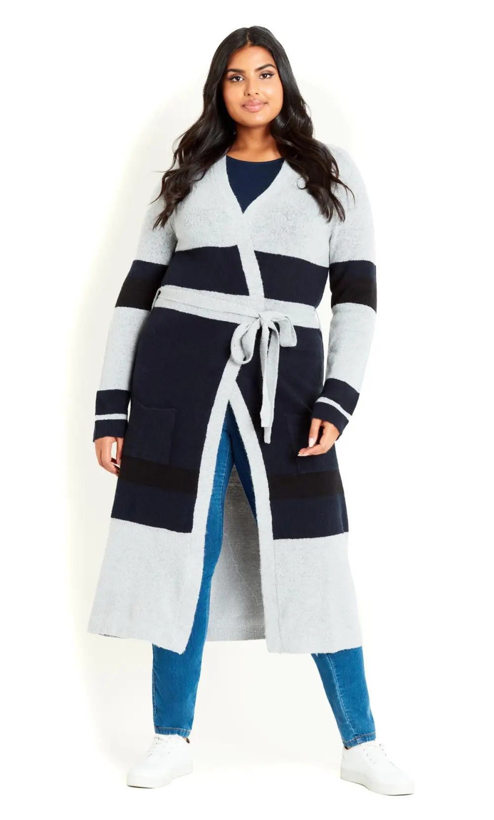 Evans Grey & Navy Blue Colour Block Maxi Cardigan