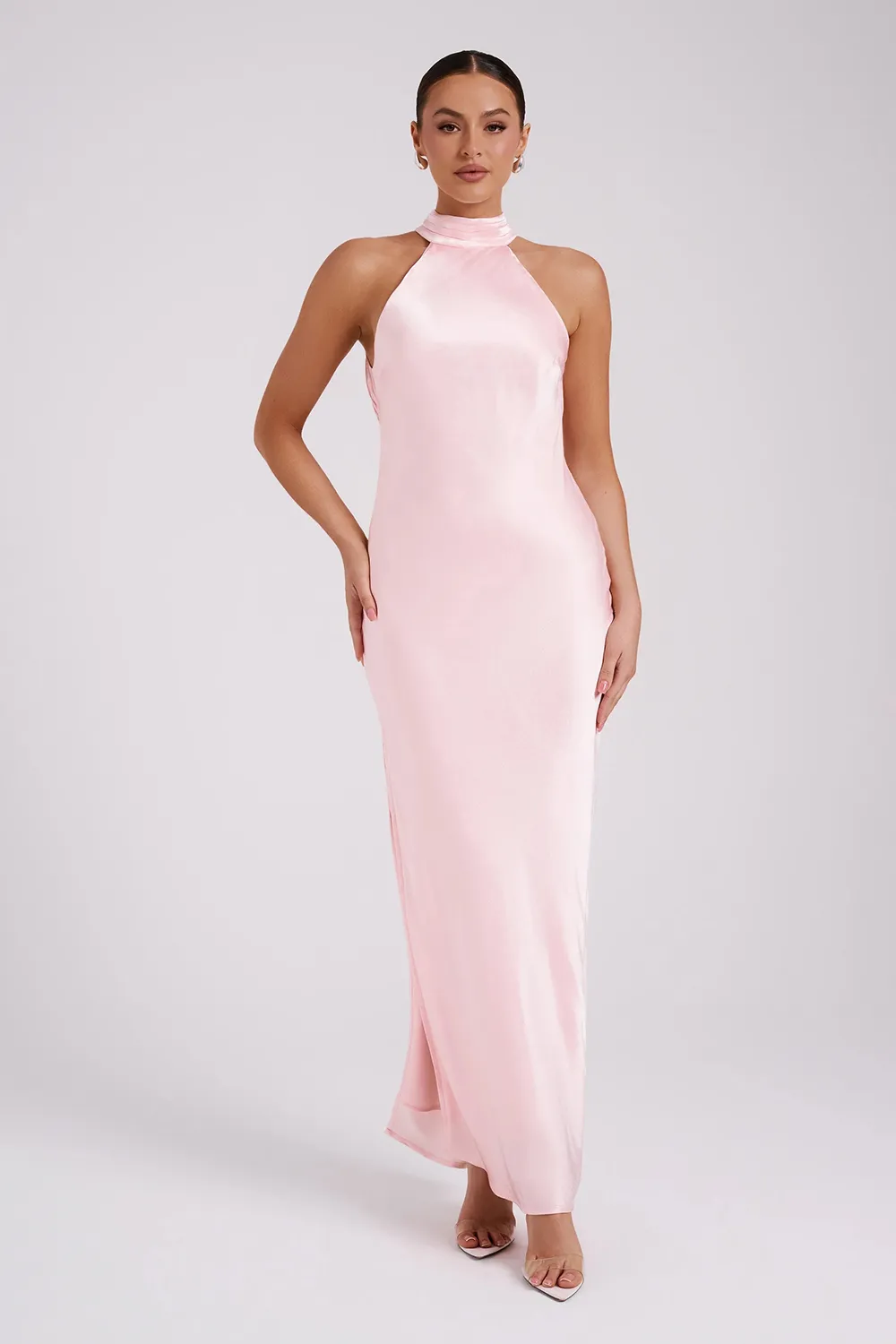 Satin Drape Back Maxi Dress with Split - Black