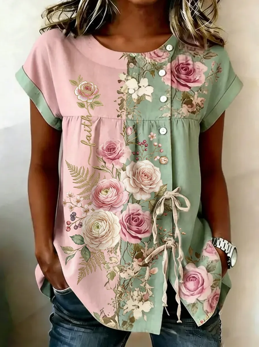 Women's Nashville Faith Floral Rose Printed Button-up Top