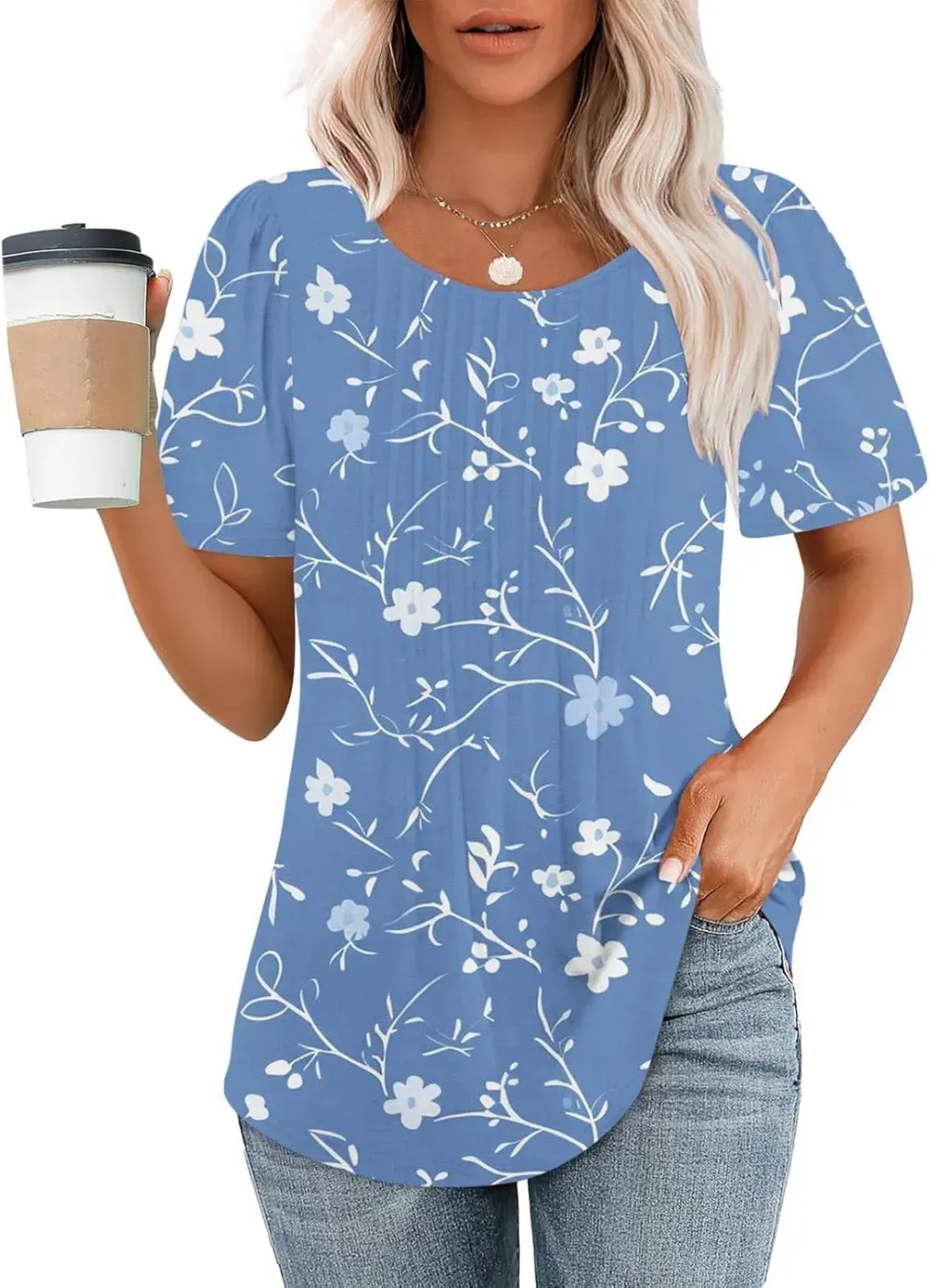 Womens Summer Pleated Front Shirts Tunics Casual Short Sleeved Loose Round Neck Boho Printed Tops Vacation Blouse