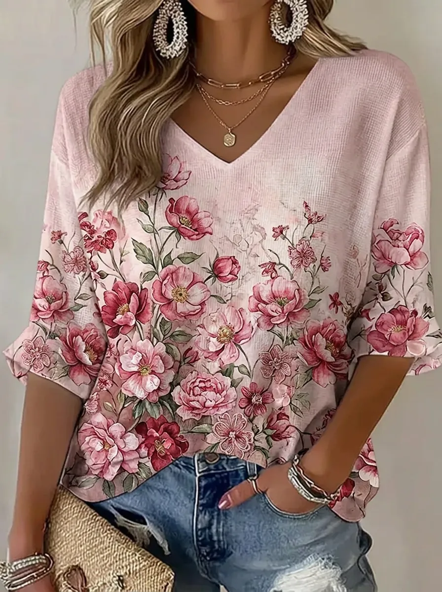 Women's Nashville Floral Botanical Printed V-neck Top