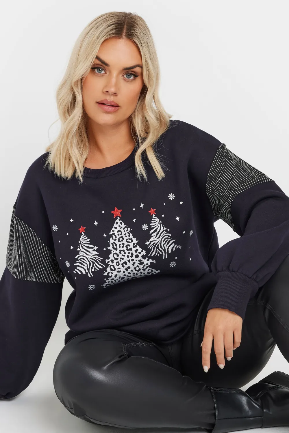 YOURS Curve Navy Blue Metallic Christmas Tree Sweatshirt
