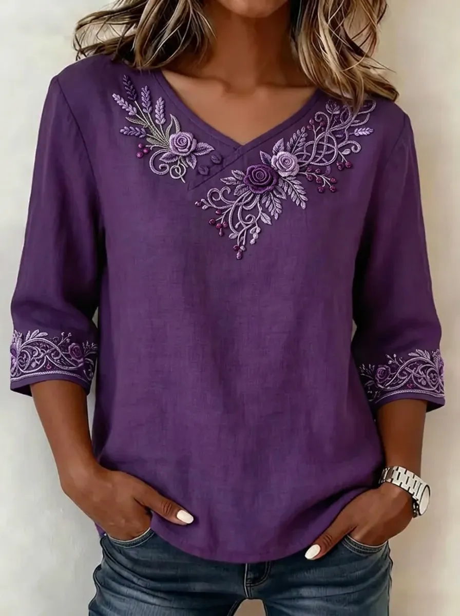 Women's Nashville Floral Embroidery Printed V-neck Top