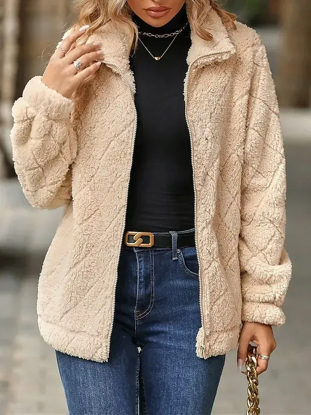 Women's Fleece Jacket Sherpa Jacket Teddy Coat Windproof Warm Outdoor Street Daily Wear Vacation Zipper Pocket Zipper Turndown Plush Modern Casual Street Style Plain Regular Fit Outerwear Long Sleeve