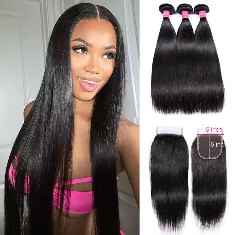 8inch-32inch Straight Human Hair Bundles with 5x5 Lace Closure