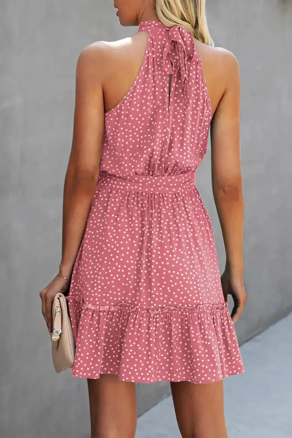 Halter Neck Summer Loose Sleeveless  Ruffle Belt Boho Floral Dress