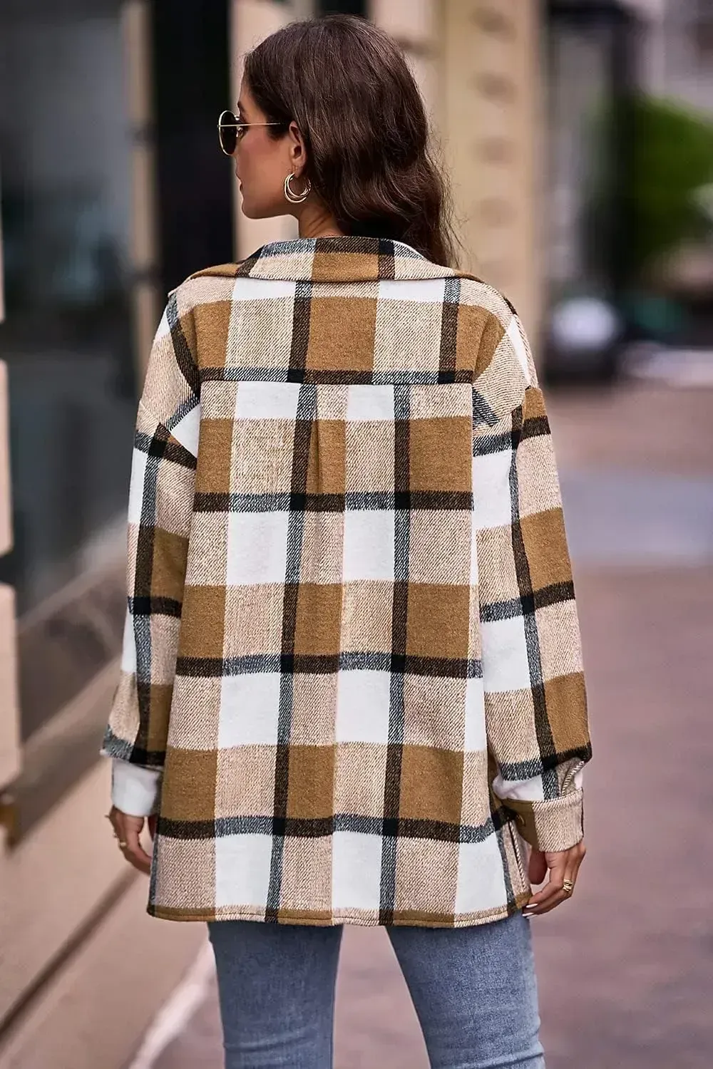 Women's 2023 Fall Clothes Plaid Shacket Jacket Long Sleeve Button Down Flannel Shirts Fashion Blouse