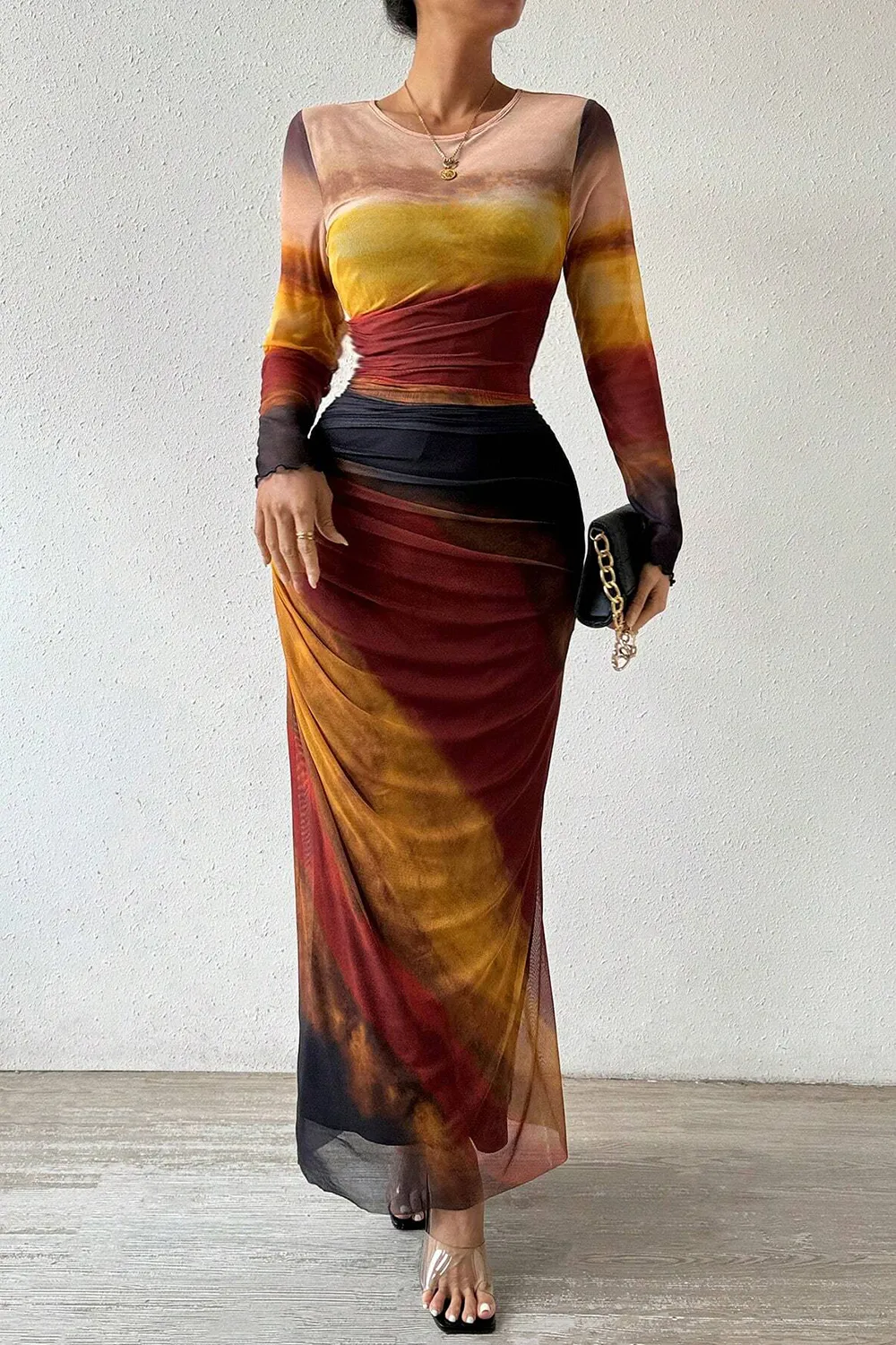 Women's Tie Dye Long Sleeve Pleated Dress Multicolor