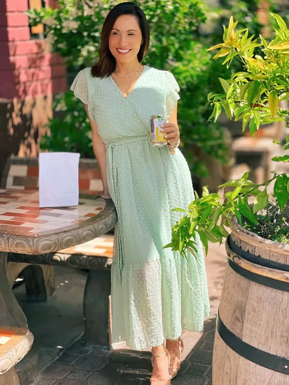 Women Summer Bohemian Floral Casual Wrap V Neck Ruffle Cap Sleeveless Belt A-Line Pleated Hem Swing Midi Sun Dress