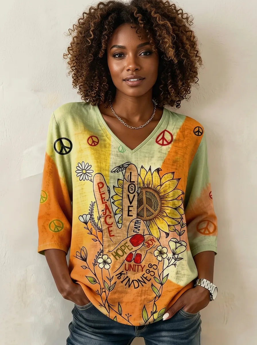 Women's Nashville Sunflower Peace Sign Printed V-Neck Top