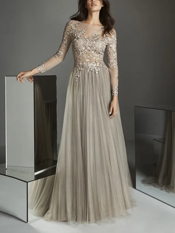 Round Neck Long Sleeve Lace Maxi Dress