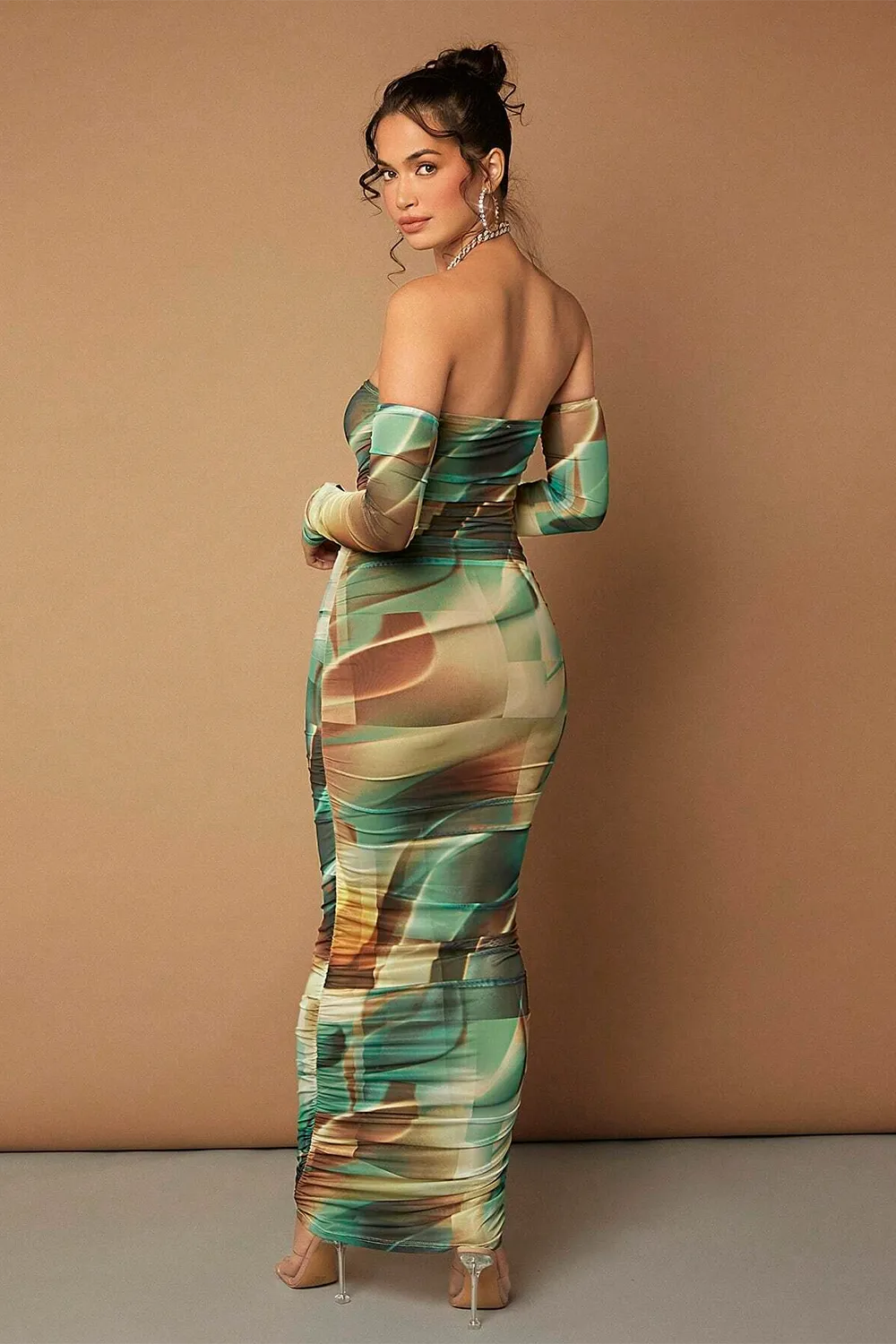 BAE Tie Dye Off Shoulder Ruched Side Bodycon Dress