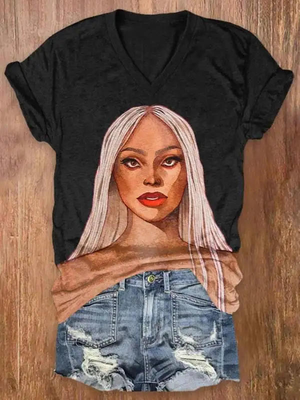 V Neck Retro Country Western Music Print T-Shirt