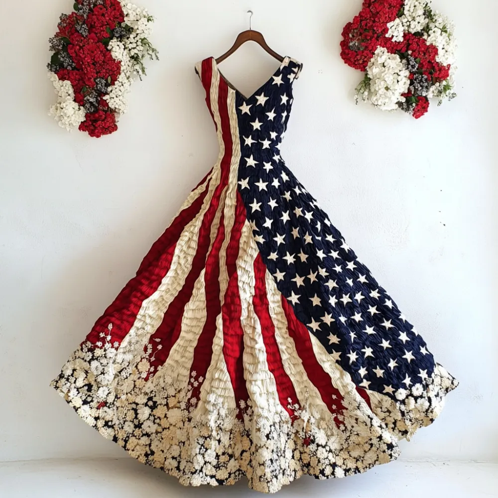 Women's Casual Independence Day Floral Art Maxi Dress