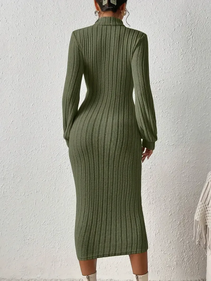 Ribbed Solid Bodycon Dress, Elegant Turtleneck Long Sleeve Dress, Women's Clothing
