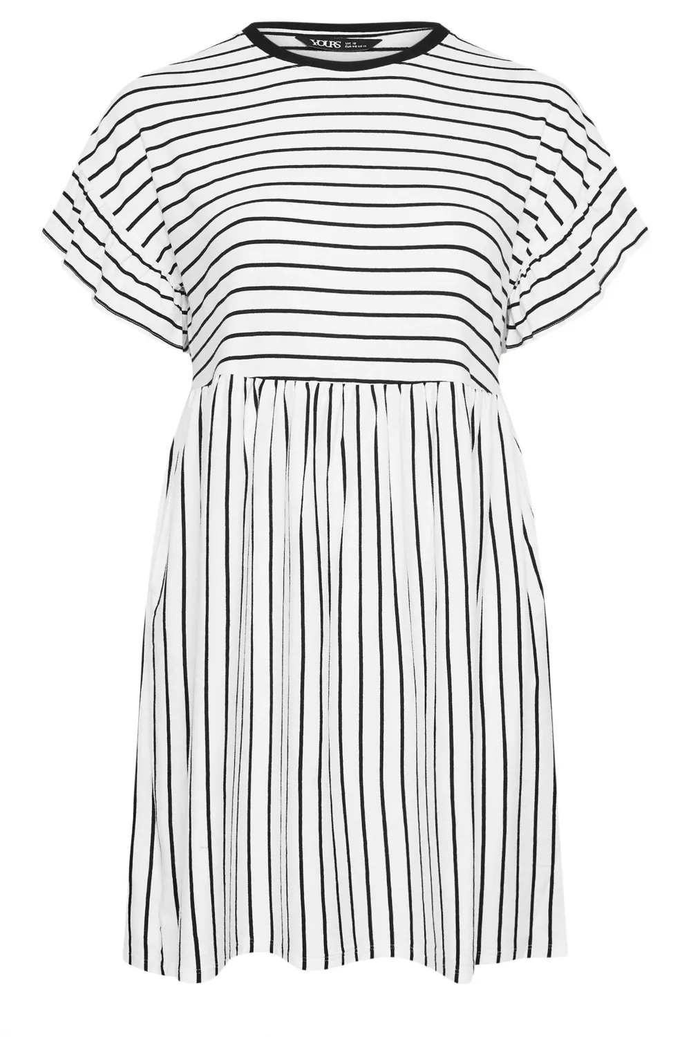 YOURS Curve Black & White Stripe Frill Sleeve Smock Tunic Dress