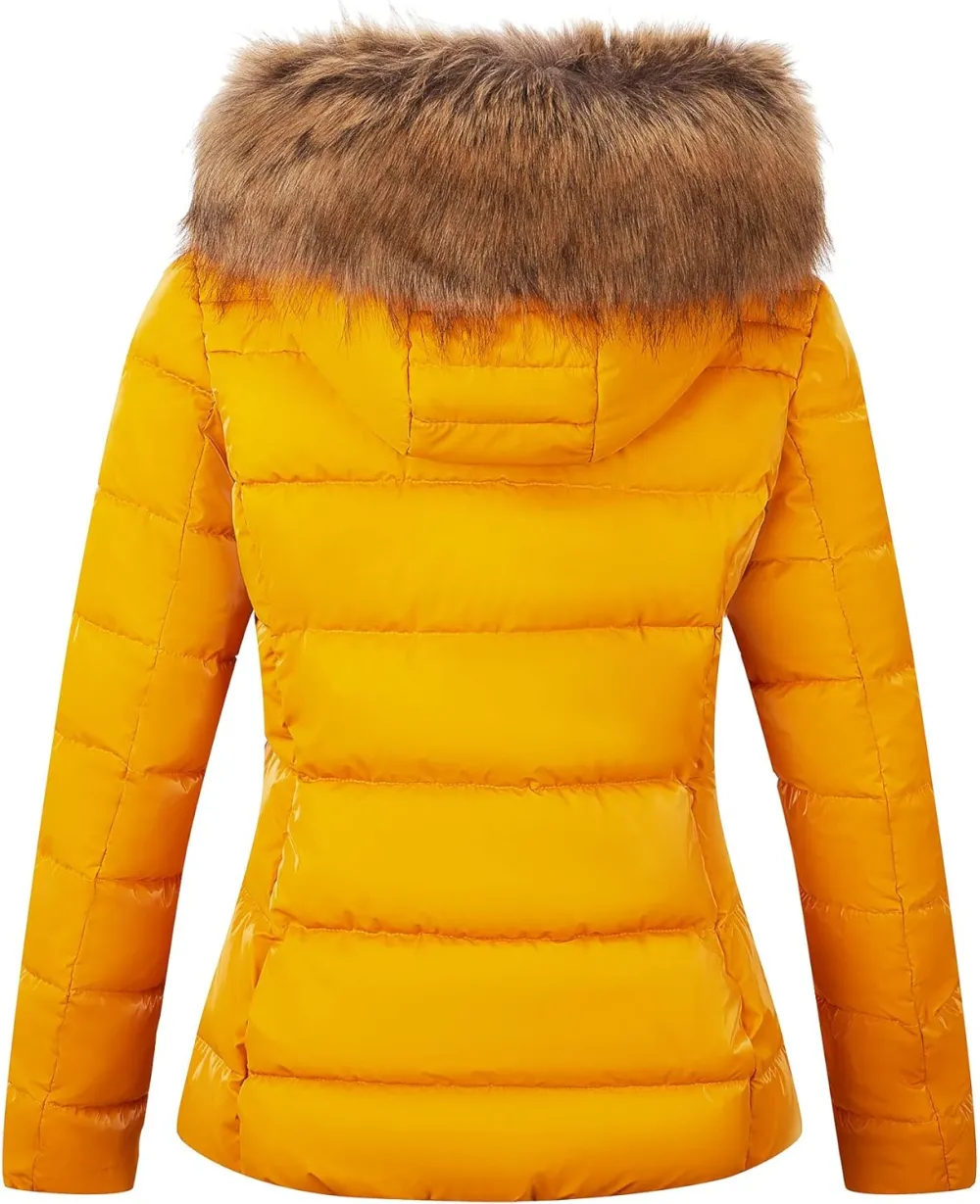 Womens Lightweight Puffer Jacket, Winter Coats for Women Warm Quilted Bubble Padded Hood Coat with Faux Fur Collar