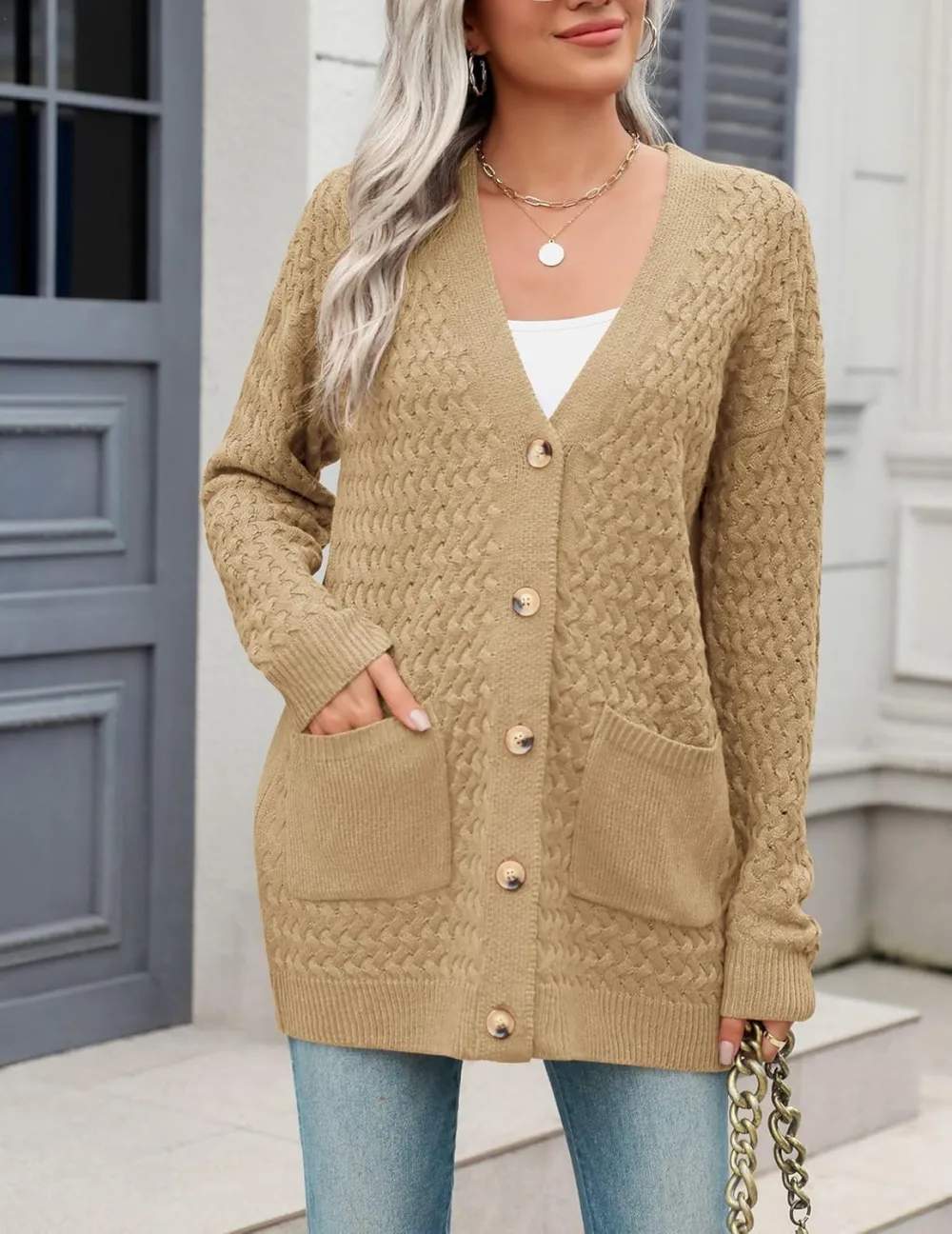 Womens 2024 Long Sleeve Chunky Cable Knit Fall Cardigans Sweaters Button Down Open Front Outerwear with Pockets