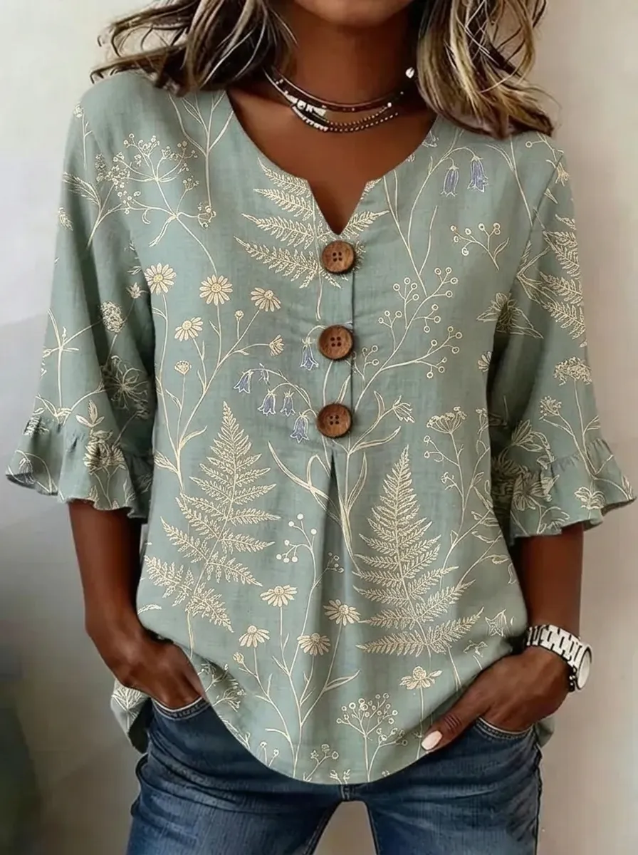 Women's Nashville Botanical Fern Printed Button V-Neck Top