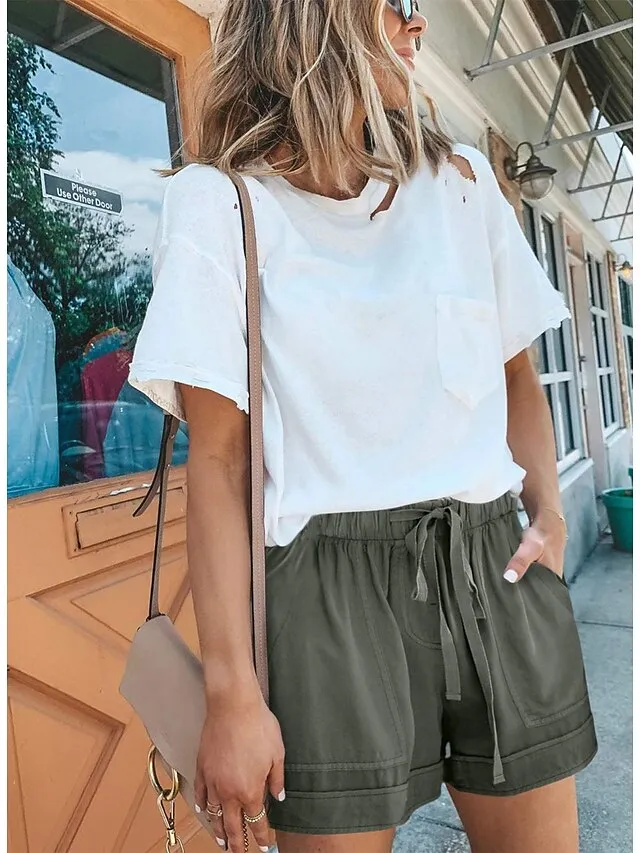 Women's Basic Essential Casual Shorts Wide Leg Baggy Pocket Short Daily Holiday Micro-elastic Simple Cotton Blend Lightweight Outdoor Mid Waist Light Blue Wine Red Pink ArmyGreen Orange & Red