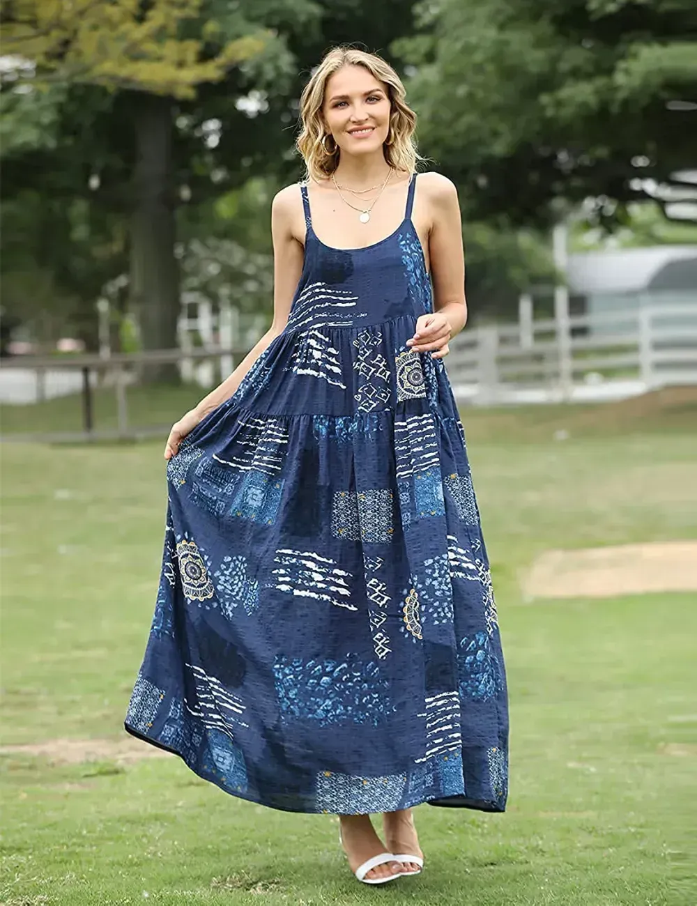 Summer Dresses for Women Casual Loose Bohemian Floral Dress with Pockets Spaghetti Strap Maxi Dress E75