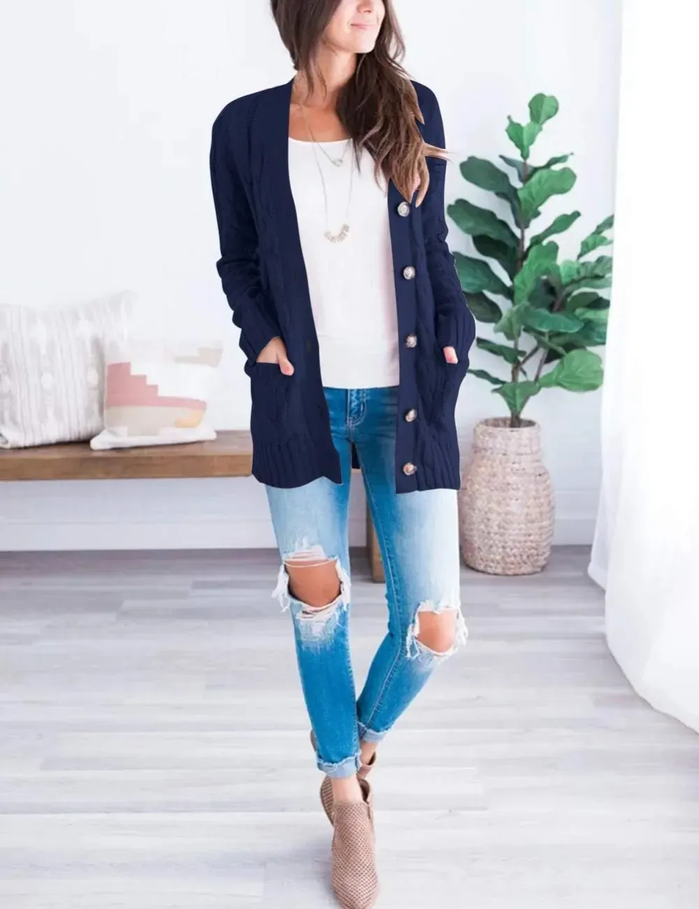 MEROKEETY Women's 2024 Fall Long Sleeve Cable Knit Sweater Open Front Cardigan Button Loose Outerwear