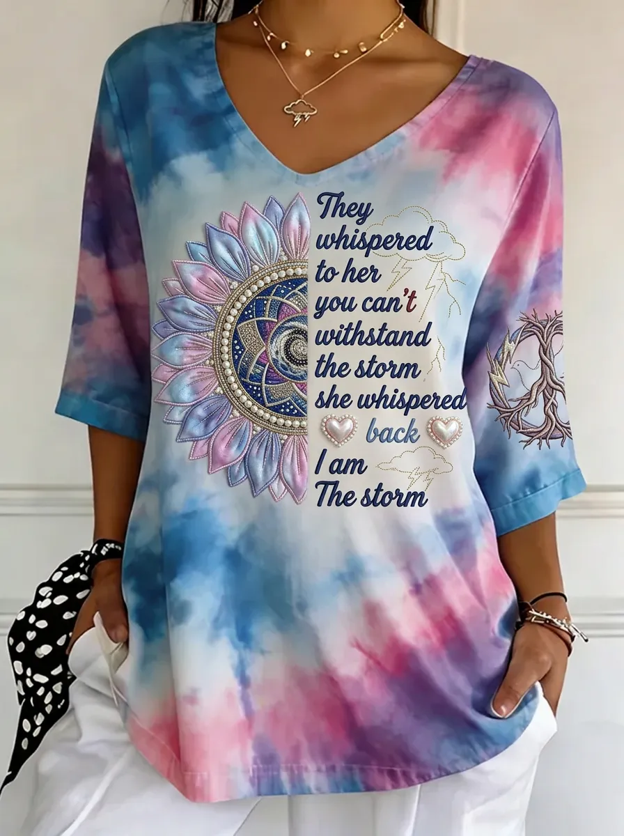 Women's Nashville Sunflower Quote Tie-Dye Printed V-Neck T-Shirt