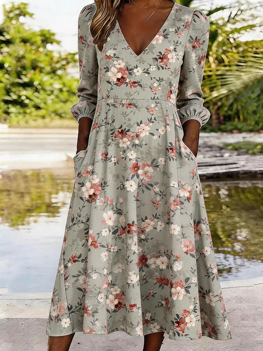 Women's Retro Floral Cotton Linen Dress