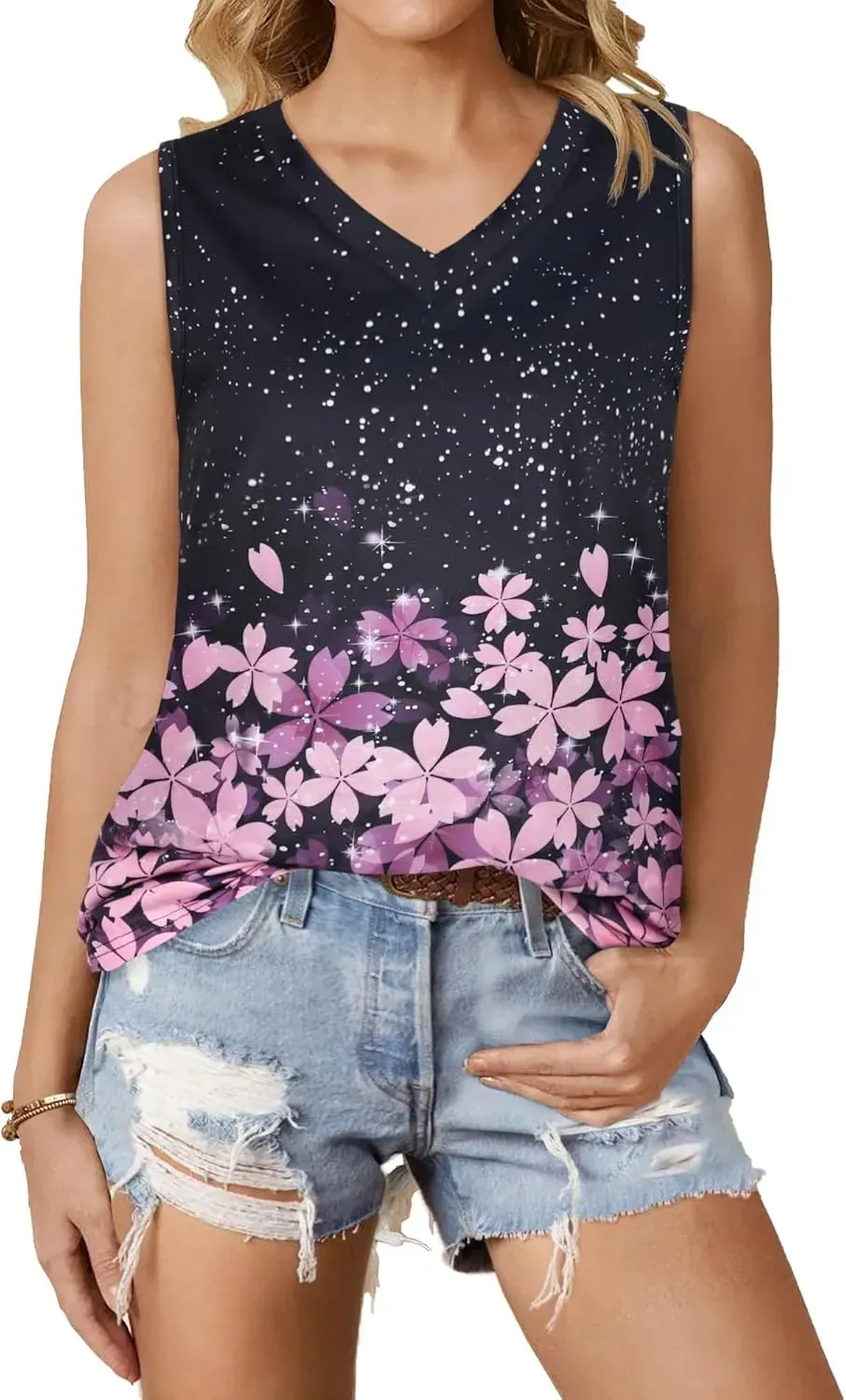 Summer Tops for Women Sleeveless V Neck Tshirt Loose Fit Casual Tank Tunic Blouse