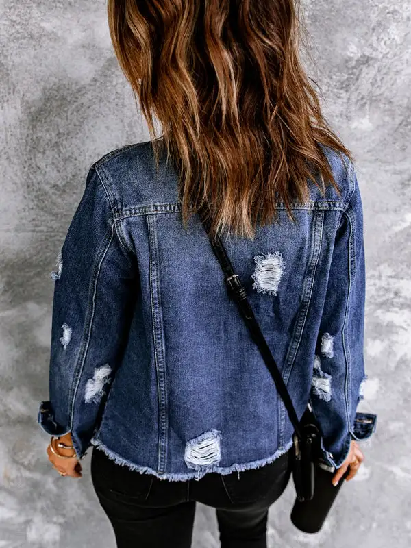 Lapel Distressed Raw Hem Buttons Denim Jacket