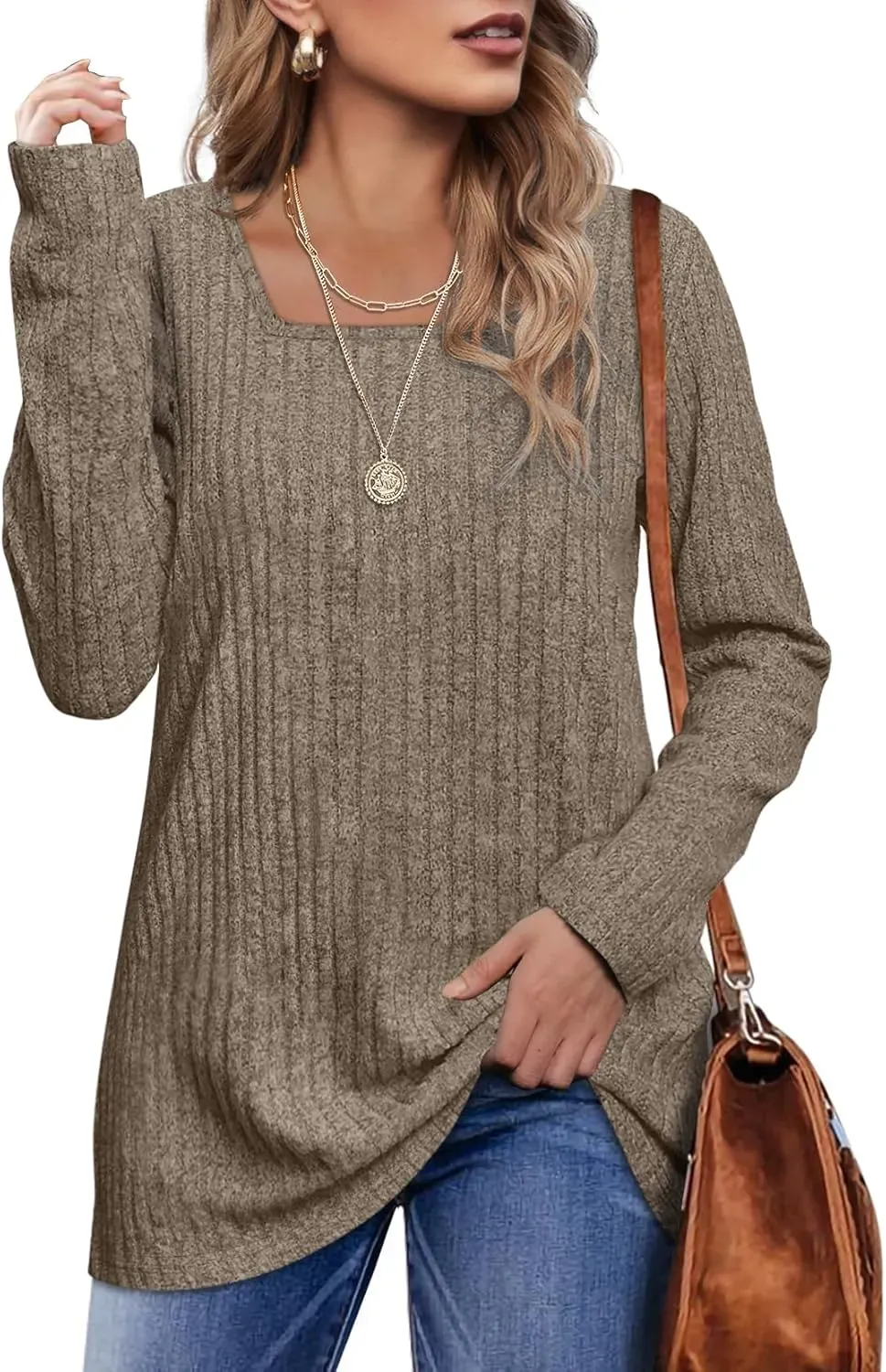 OFEEFAN Long Sleeve Shirts for Women Lightweight Crew Neck Casual Tunic Tops