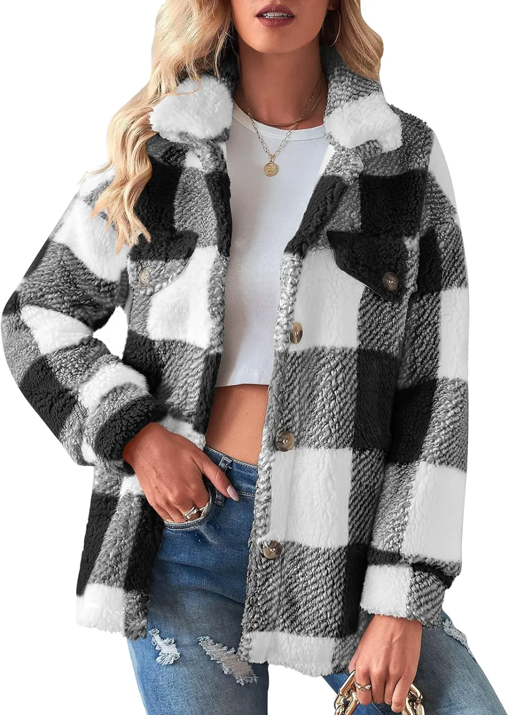 Women's Fleece Plaid Jacket Coats Button Down Lapel Sherpa Shacket Outwear with Pockets