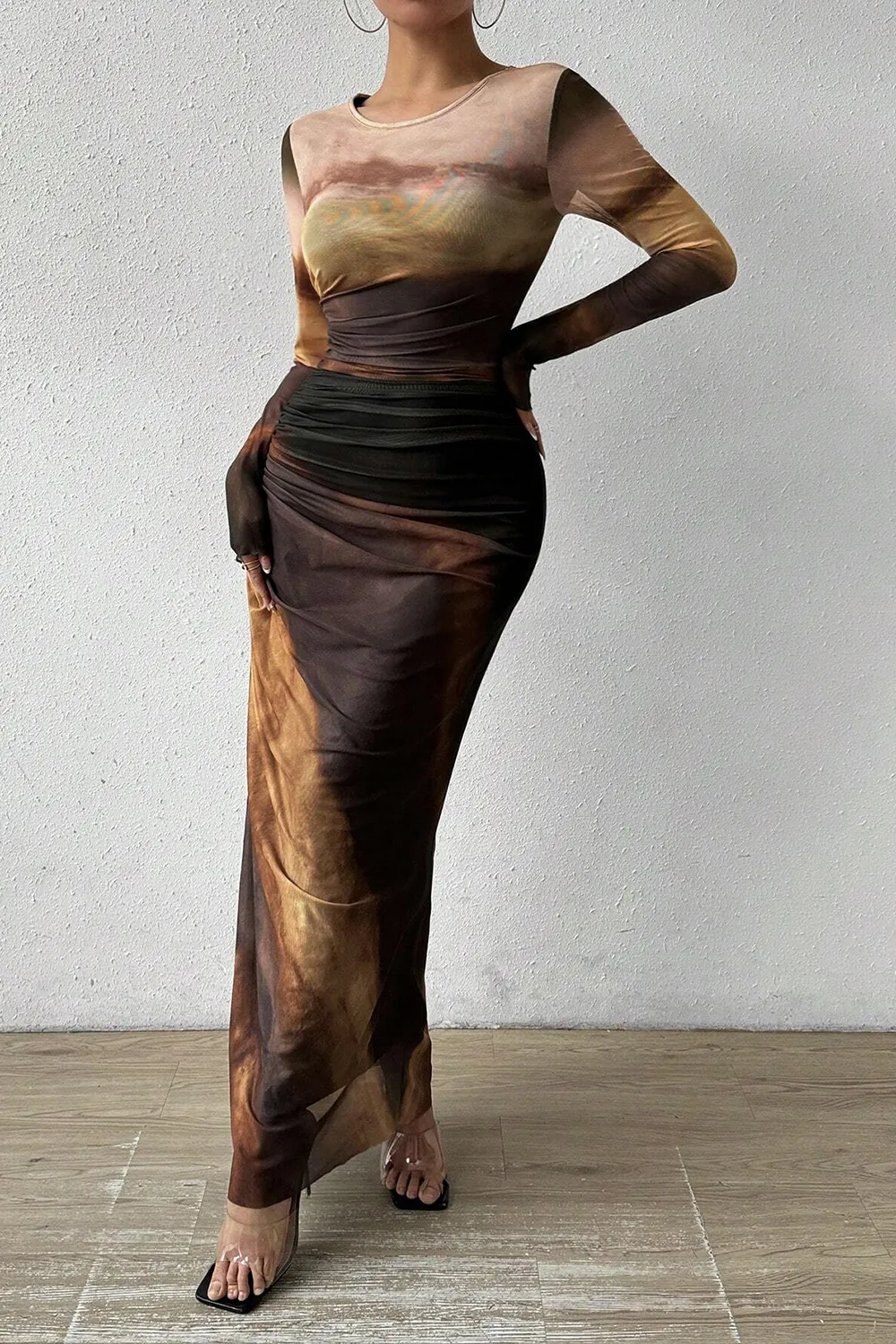 Women's Tie Dye Long Sleeve Pleated Dress