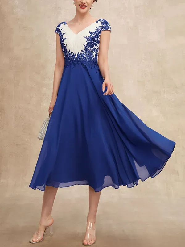 V Neck Chiffon Lace Midi Dress