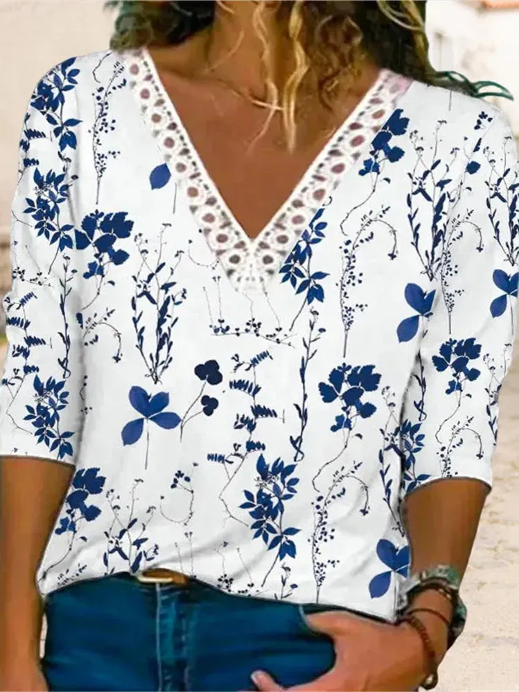 Women V-neck Long Sleeve Floral Printed Lace Tops