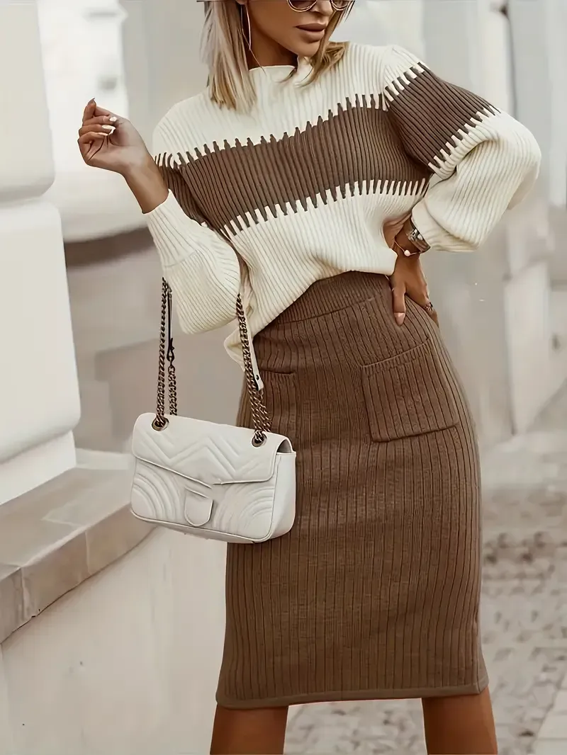 Casual Ribbed Two-piece Set, Color Block Knit Sweater & Solid Midi Sweater Skirts Outfits, Women's Clothing