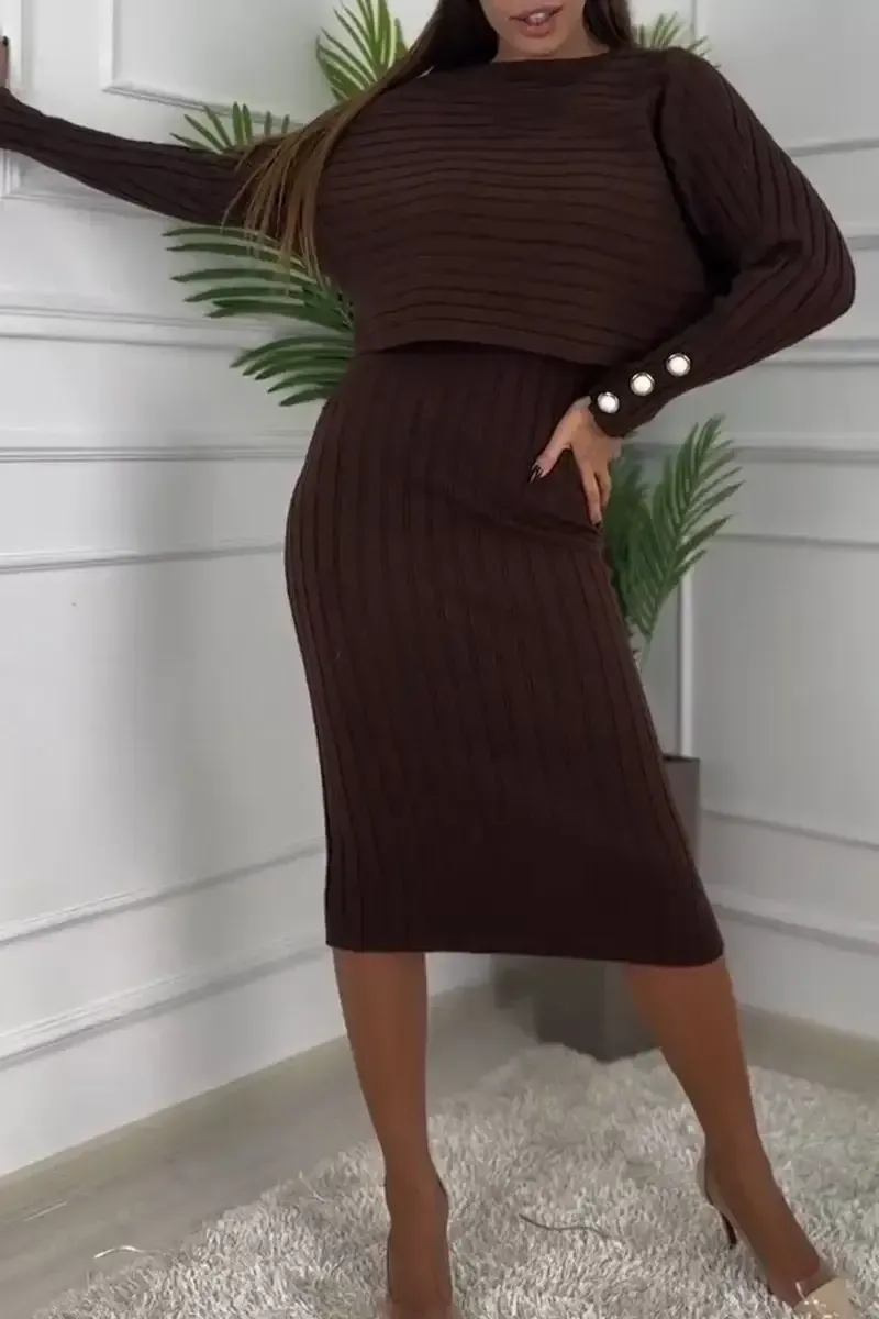 Women's Round Neck Long Sleeve Knitted Sweater Casual Suit Dress
