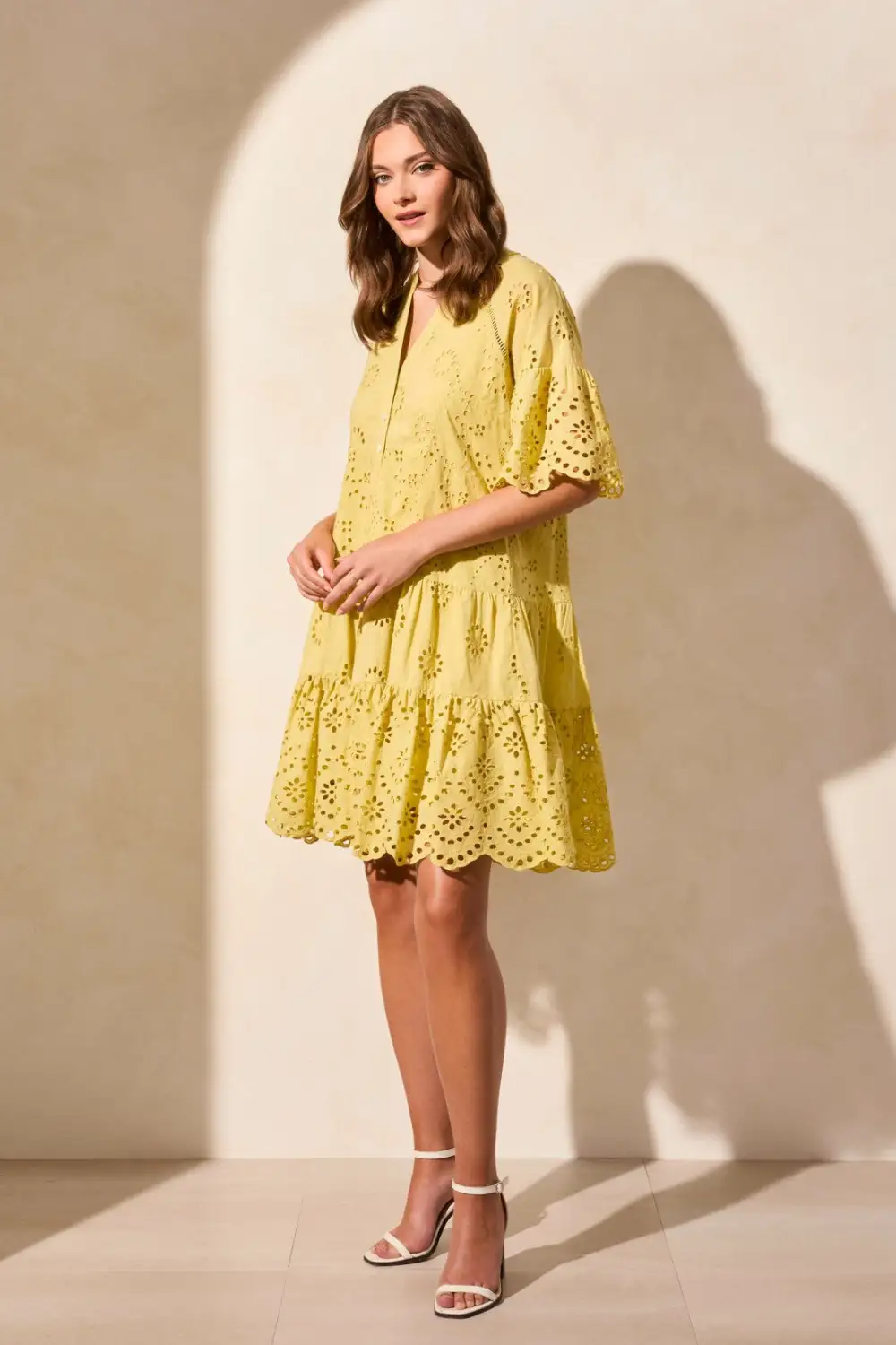 Cotton Eyelet Ruffle Short Sleeve Tiered Dress-Starfruit