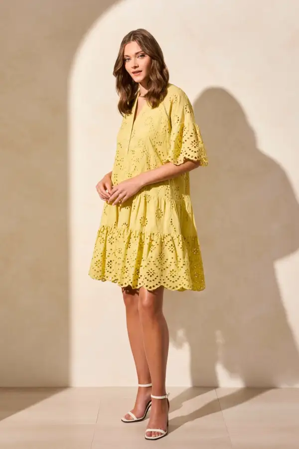Cotton Eyelet Ruffle Short Sleeve Tiered Dress-Starfruit