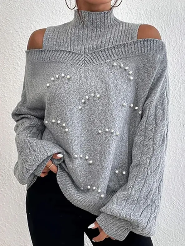 Women's Beaded Spring/Fall Plain Casual Balloon Sleeve Long Sleeve Crew Neck Wool/Knitting Sweater