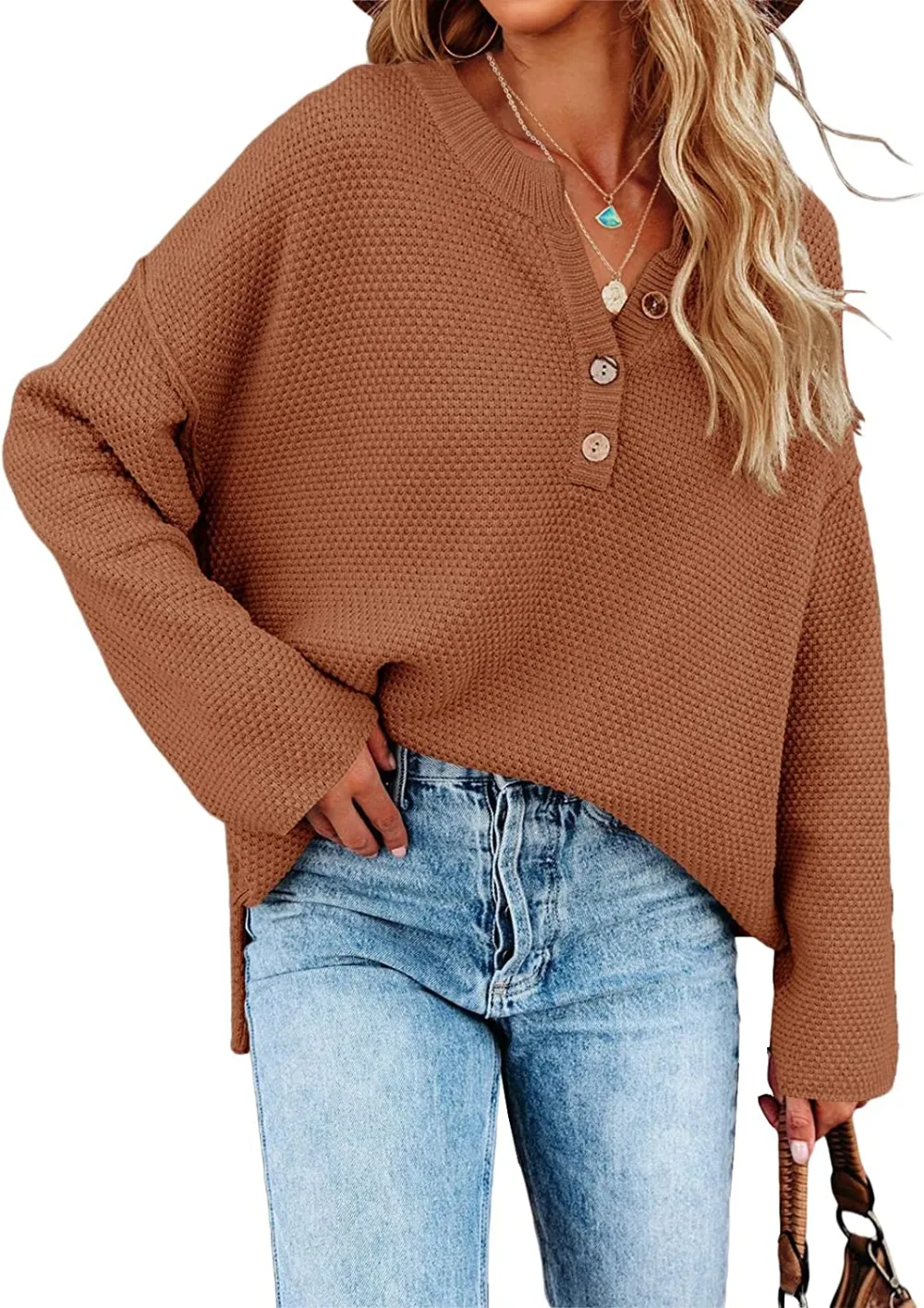 Women's Oversized Sweaters Batwing Long Sleeve Loose V Neck Button Henley Tops Pullover Knit Jumper