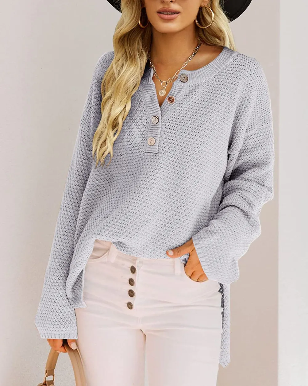 Women's Oversized Sweaters Batwing Long Sleeve Loose V Neck Button Henley Tops Pullover Knit Jumper