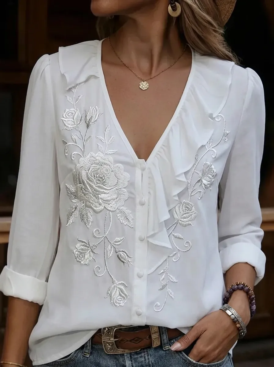 Women's Nashville Floral Embroidered Ruffle V-Neck Blouse