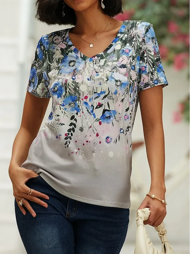 Women's T shirt Tee Floral Holiday Weekend Pink Blue Green Print Short Sleeve Basic V Neck Regular Fit