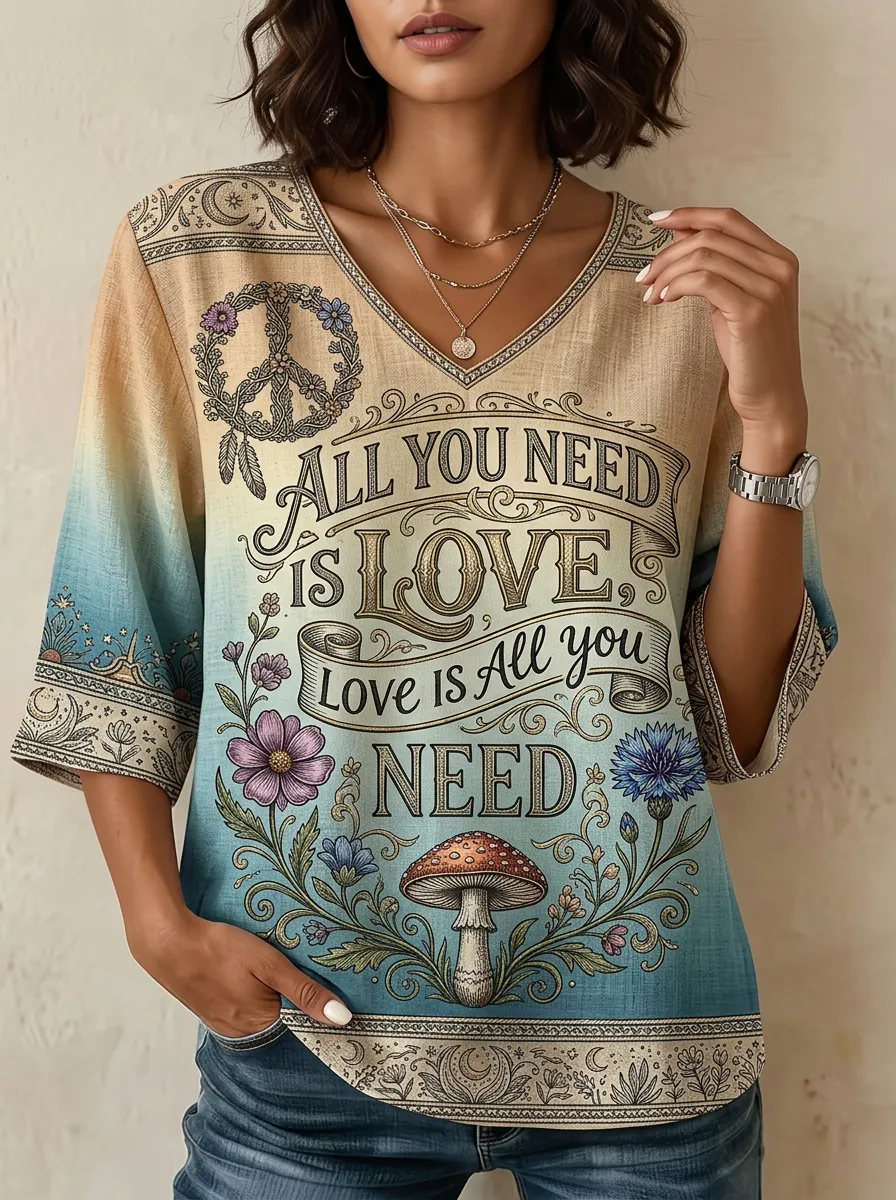 Women's Nashville Hippie Mushroom Peace Sign Printed V-neck Top